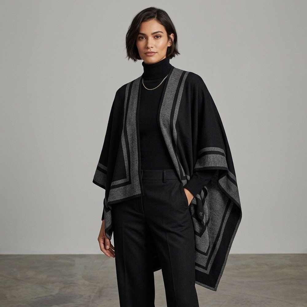Lauren Ralph Lauren Poncho Women Grey Black Colorblock Knit Poncho Wrap One Size